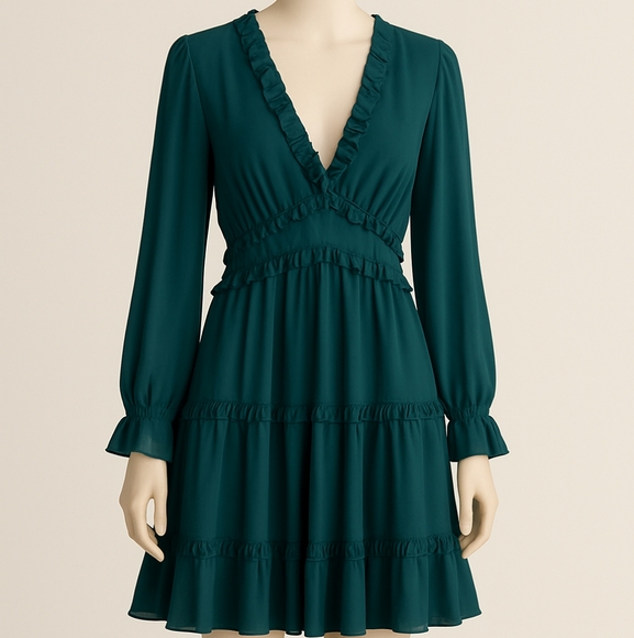 Forest Green Deep V Neck Ruffle Long Sleeve Open Back Flowy Mini Dress - Picture 2 of 7